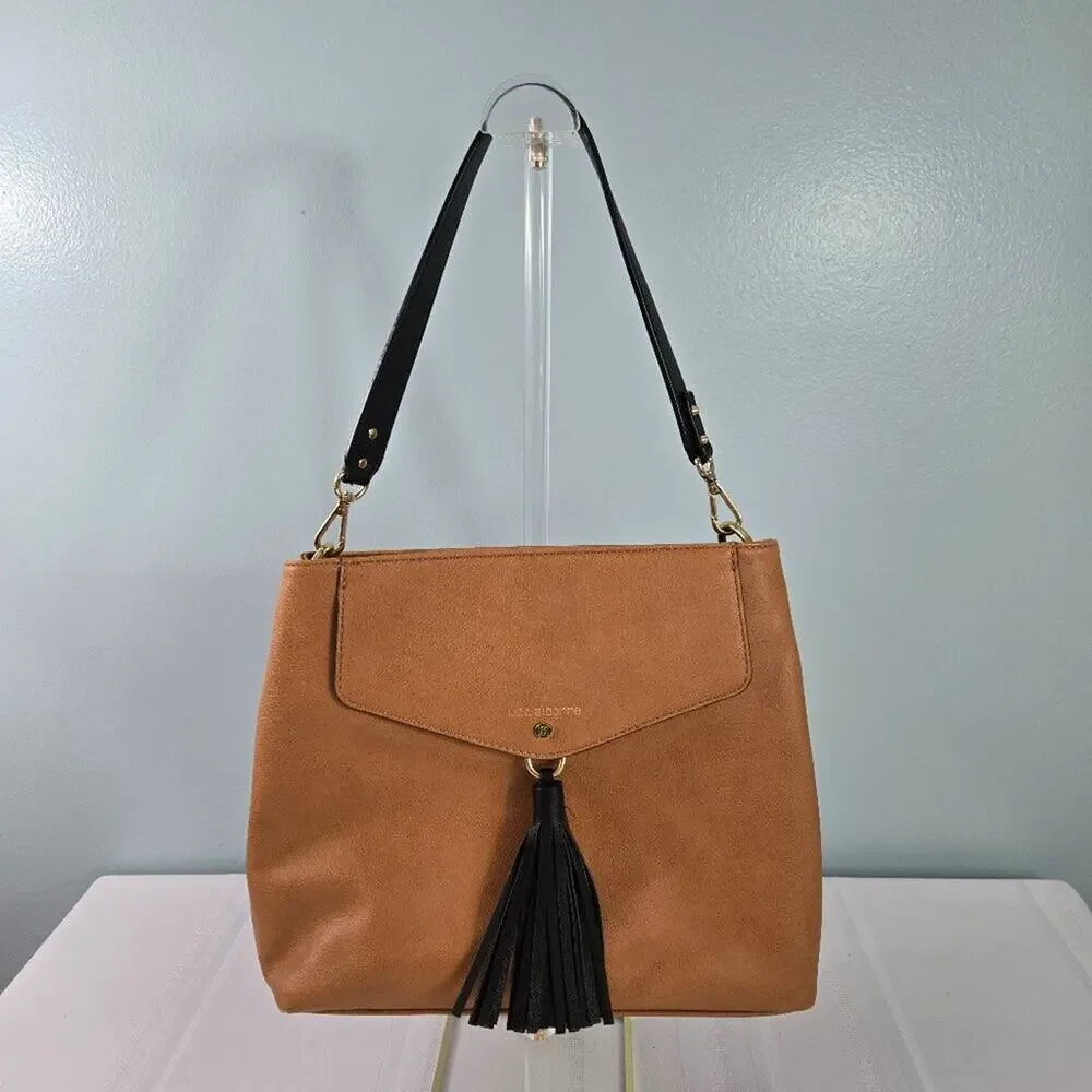 Liz Claiborne Zipper Shoulder Hobo Bag Purse Tan with Black Tassel and Handle